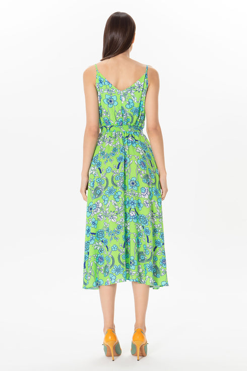 Floral Patterned V-Neck Midi Dress With Pockets